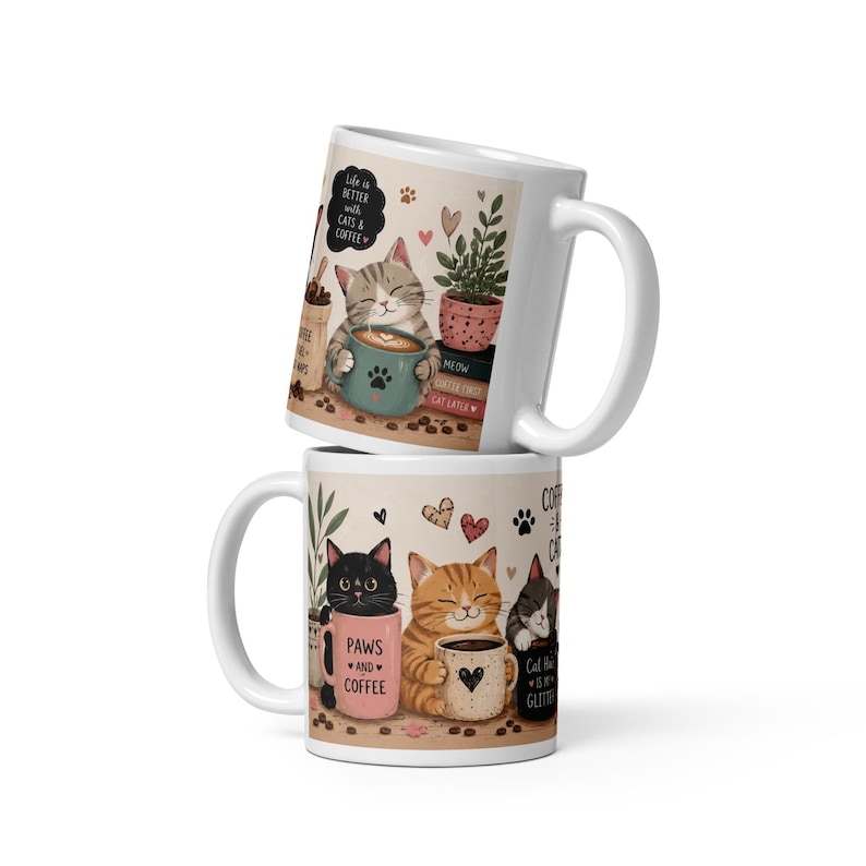 Cute Cats and Coffee Mug, Funny Cat Coffee Cup, Cozy Cat Lover Mug, Whimsical Cat Mug, Cat Mom Gift, Coffee Lover Ceramic Mug