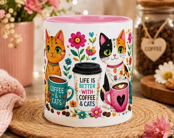 Folk Art Cat Coffee Mug, Whimsical Ceramic Tea Cup, Colorful Cat Lover Drinkware