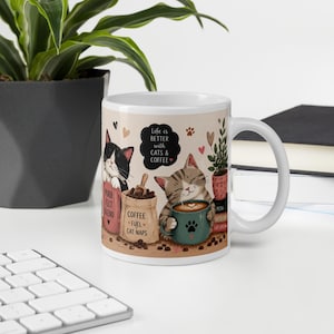 Cute Cats and Coffee Mug, Funny Cat Coffee Cup, Cozy Cat Lover Mug, Whimsical Cat Mug, Cat Mom Gift, Coffee Lover Ceramic Mug