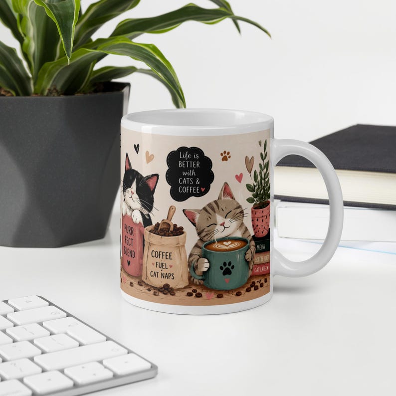 Cute Cats and Coffee Mug, Funny Cat Coffee Cup, Cozy Cat Lover Mug, Whimsical Cat Mug, Cat Mom Gift, Coffee Lover Ceramic Mug