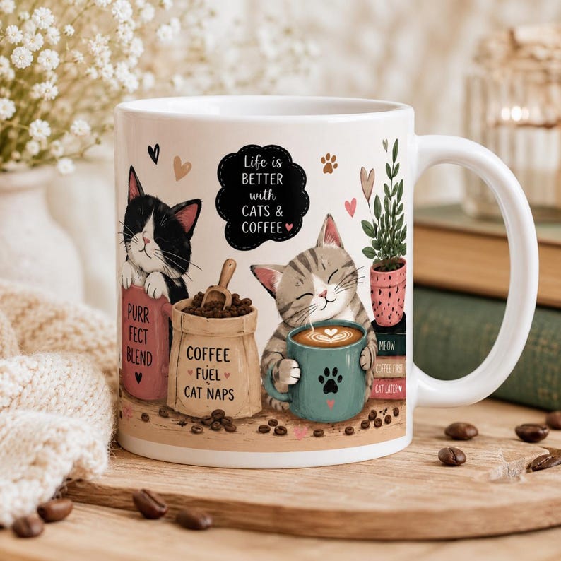 May include: White ceramic coffee mug with a whimsical cat and coffee design. The mug features illustrations of cats, coffee beans, and the text "Life is BETTER with CATS & COFFEE". The mug also has the text "PURR FECT BLEND", "COFFEE FUEL CAT NAPS", "MEOW", and "CAT LATER".