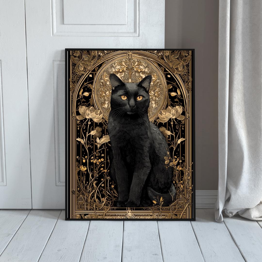 Art Nouveau Black Cat Poster, Vintage Gold Botanical Art, Dark Academia ...