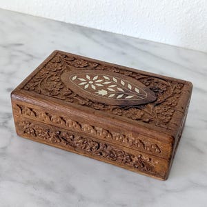 Hand Carved Wood Box/Vintage Indian Jewelry Box/Floral Bone Inlay/Trinket Box/Gift for Her