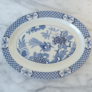 Antique Blue and White China Platter/ Wood and Sons &quot;YUAN&quot; Pattern/ England/ Chinoiserie/ English Country Cottage/ Oval Serving Platter
