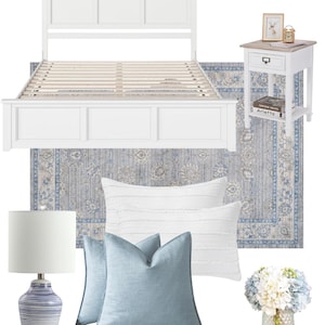 Tablero de estado de ánimo digital para dormitorio costero / Diseño de interiores en azul y blanco / Enlaces de compra interactivos incluidos / Descarga instantánea