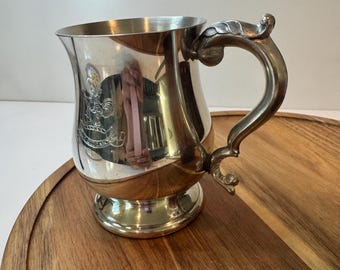 Vintage Pewter Tankard (Beer Stein) with embossed crest and ornate handle