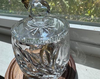Vintage small lead crystal jam jar with lid and spoon