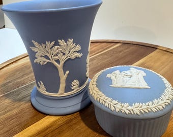 Vintage Wedgwood Blue Jasper Vase and Trinket Box Set – Mythological Scenes