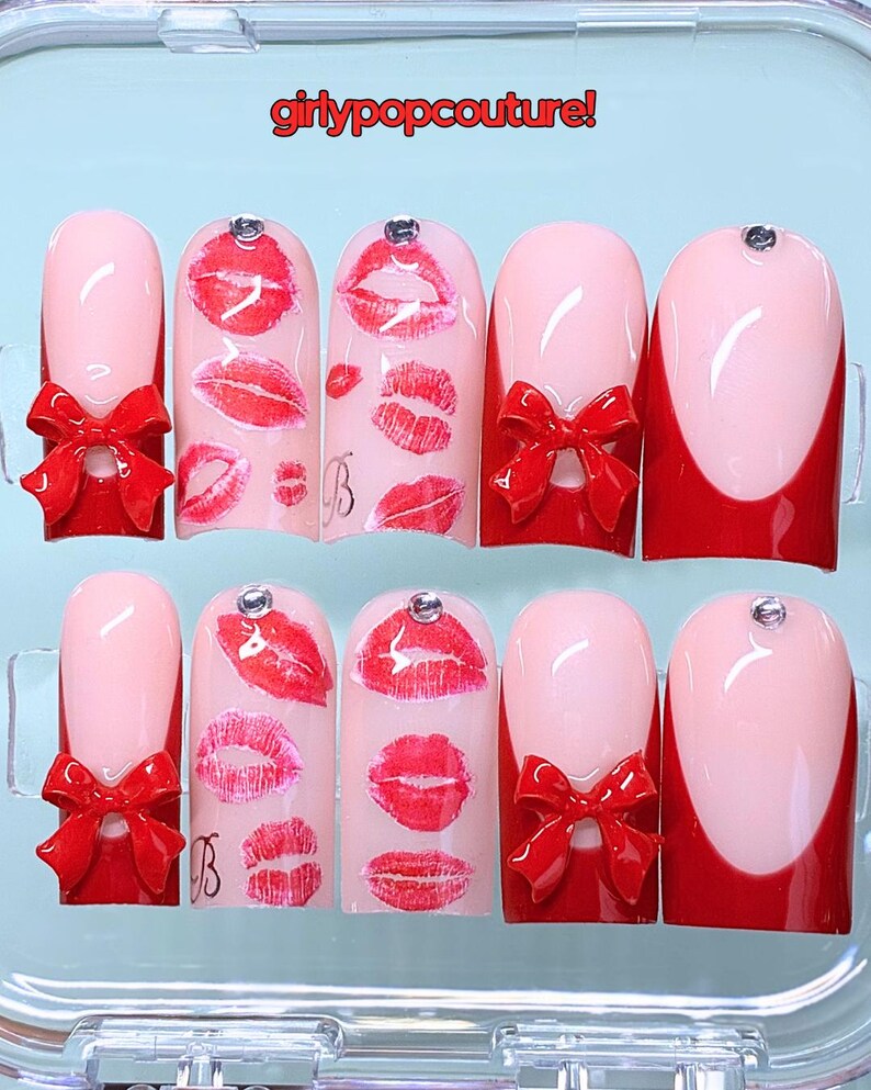 Kiss & Tell Set | Red Press Ons | Custom Initial A-Z | GirlyPopCouture image 3