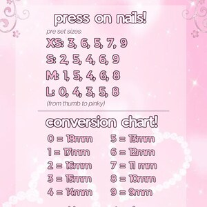 May include: Pink graphic with text for press-on nail sizes and a conversion chart. The chart lists sizes XS, S, M, and L, with corresponding nail numbers. A conversion chart shows nail sizes in millimeters, ranging from 9mm to 18mm. The text "girlypopcouture!" is at the bottom.