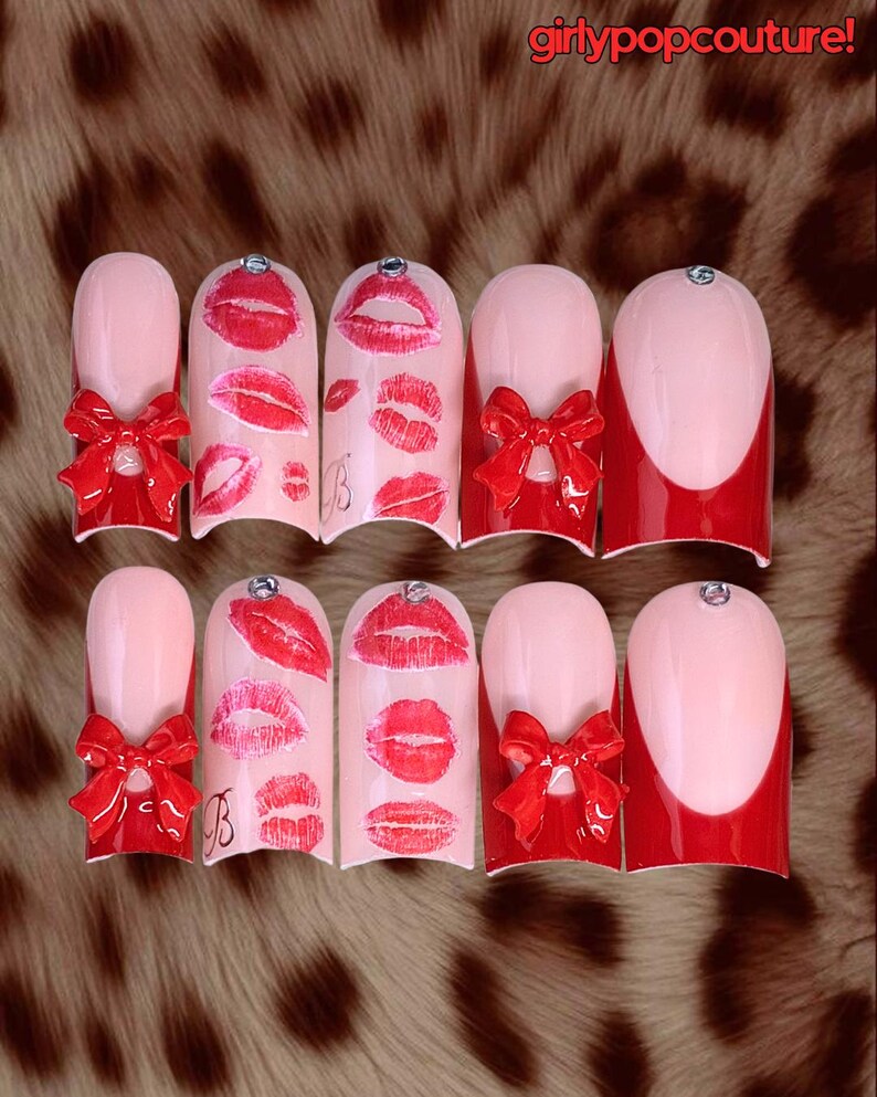 Kiss & Tell Set | Red Press Ons | Custom Initial A-Z | GirlyPopCouture image 2