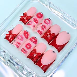 Kiss & Tell Set | Red Press Ons | Custom Initial A-Z | GirlyPopCouture image 1