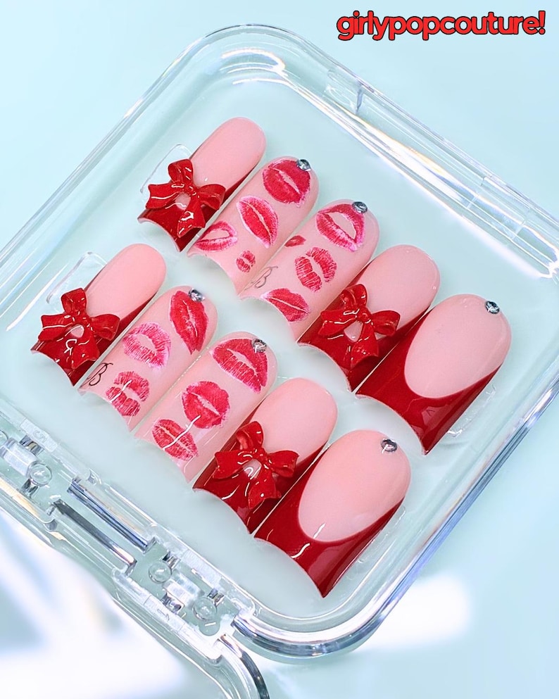 Kiss & Tell Set | Red Press Ons | Custom Initial A-Z | GirlyPopCouture image 1