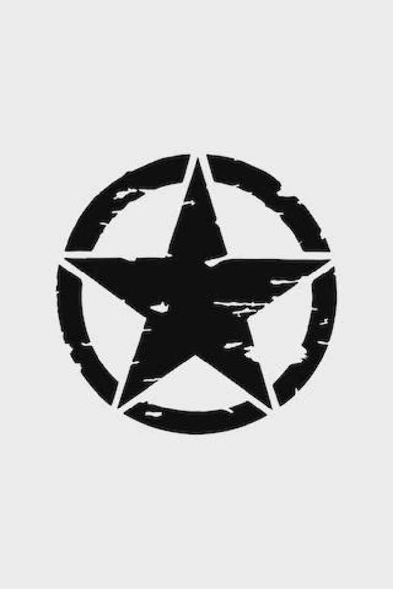 May include: A black star within a distressed, circular emblem. The star has five points and is centered within the circle. The design has a worn, vintage aesthetic, with a slightly textured appearance. The background is a solid, light gray.
