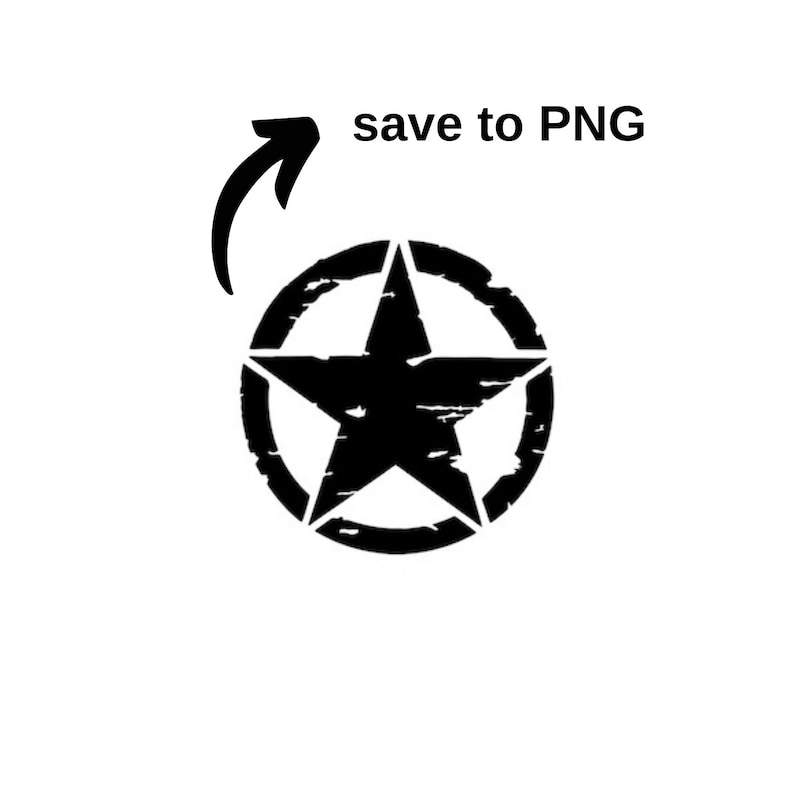 May include: Black star within a distressed circle graphic. The image includes the text "save to PNG" with an arrow pointing towards the star. The design is set against a white background.