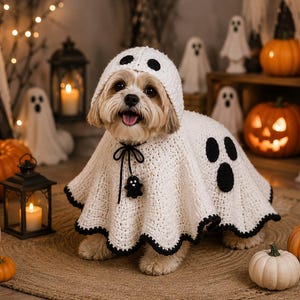 May include: A small dog wearing a white crocheted ghost costume with a hood, black circular eyes, a black oval mouth, and a black scalloped hem. A black drawstring tie at the neck features a small black ghost charm hanging from the center.