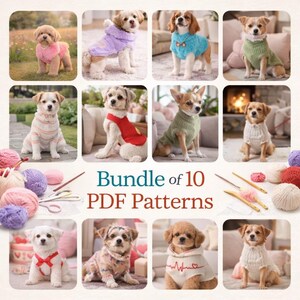 Könnte beinhalten: Eine Sammlung von zehn Hunden, die verschiedene gestrickte Pullover und Outfits tragen. Die Hunde sind unterschiedlicher Rassen und Größen, und die Outfits sind in einer Vielzahl von Farben und Stilen gehalten. Der Text "Bundle of 10 PDF Patterns" ist enthalten.