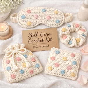 Polka Dot Crochet Self Care Kit Pattern Eye Mask Scrunchie Pouch PDF Bundle Gift