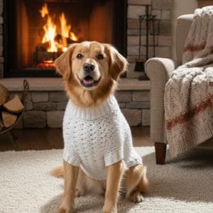 May include: A golden retriever dog wearing a white, chunky knit sweater sits on a cream-colored rug in front of a fireplace. The fireplace has a stone surround and a roaring fire. A cozy armchair with a cable-knit throw blanket is to the right.