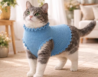 Virkad katttröja i PDF-format, vågig kattväst i patinablått, kläder för nybörjare
