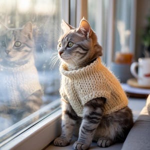 Pode incluir: Um gato cinza tigrado usando um suéter de malha creme está sentado em uma janela, olhando pela janela. O reflexo do gato é visível no vidro. Uma caneca e outros itens estão no fundo. O suéter do gato é um acessório aconchegante.