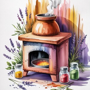 Clipart di Mitti Ka Chulha - Stufa rustica in argilla e fango, acquerello, stampabile, diario di cianfrusaglie, decorazioni da cucina in stile villaggio, stampa su richiesta