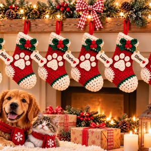 May include: Six red and white crocheted Christmas stockings featuring a white paw print design and a green holly accent. Each stocking has a white wooden tag with the names Bella, Max, Charlie, Luna, Oliver, and Daisy printed in black text.