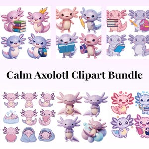 Calm Axolotl Clipart Bundle , Kawaii Relaxing Axolotl PNG , Transparent Background , Calm Down Corner Graphics , Kids Clip Art