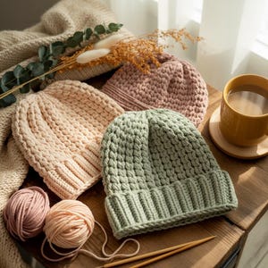 May include: A cozy scene featuring hand-knitted beanies in soft pastel colors: light pink, pale peach, and sage green. Two balls of yarn and knitting needles are next to the hats. A yellow mug of coffee sits on a wooden coaster.