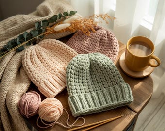 Puff Stitch Messy Bun Beanie PDF 8 Sizes
