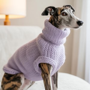 May include: A grey and brown dog wearing a light purple turtleneck sweater. The dog is sitting on a white surface, with a lamp and window in the background. The sweater is a chunky knit.
