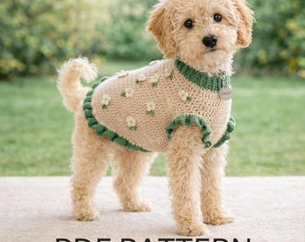 Patrón de ganchillo para suéter de perro con volantes delicados, vestido para cachorro pequeño (hazlo tú mismo), regalo para el Día de la Madre