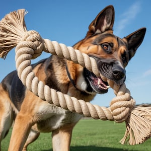 May include: A German Shepherd dog with brown and black fur is playfully biting a thick, beige rope toy. The dog is on a green lawn under a clear blue sky, suggesting an outdoor playtime setting.