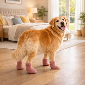 Puede incluir: Un golden retriever con cuatro botines rosas de punto. El perro está de pie sobre un suelo de madera en una habitación bien iluminada. El perro sonríe con la lengua fuera. Una cama y una ventana están en el fondo.