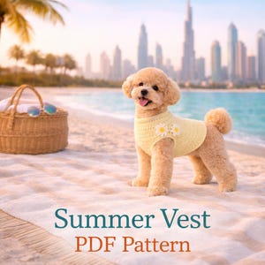 May include: A small, light brown dog wearing a yellow crochet vest with daisy accents stands on a sandy beach. A woven basket, sunglasses, and the text "Summer Vest PDF Pattern" are also visible. The background features a cityscape and ocean.