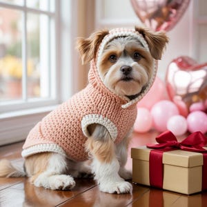 May include: A small dog wearing a pink crocheted hoodie and sweater, with white trim. A tan gift box with a red ribbon sits in front of the dog. Pink heart-shaped and round balloons are in the background.