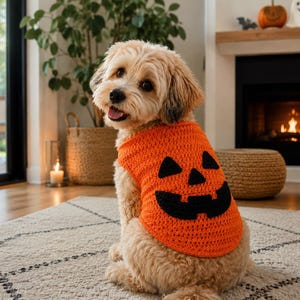 May include: A light-colored, fluffy dog wearing a bright orange crochet sweater. The sweater features a black, stitched jack-o'-lantern face with two triangular eyes, a small triangular nose, and a wide, jagged, toothy grin across the back.