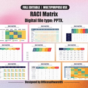 May include: A collection of RACI matrix templates in a PPTX format. The templates feature colorful charts and tables with headings like "Responsible," "Accountable," "Consulted," and "Informed." The design includes the text "FULL EDITABLE | MULTIPURPOSE USE" and "Designed by OfficesoftwareUS."