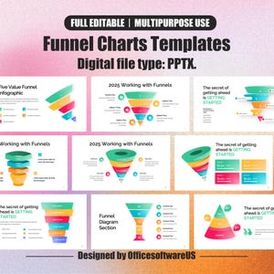 Könnte beinhalten: Eine Sammlung farbenfroher Trichterdiagrammvorlagen im PPTX-Digitaldateiformat. Die Vorlagen umfassen verschiedene Designs mit Text wie "Five Value Funnel infographic" und "2025 Working with Funnels". Das Bild enthält auch den Text "Designed by OfficesoftwareUS".