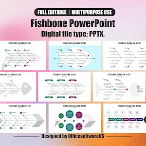 May include: A digital PowerPoint presentation template with a fishbone diagram design. The slides feature various layouts with text placeholders and colorful accents. The template is labeled as "Full Editable | Multipurpose Use."