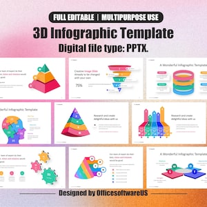 Puede incluir: Una colección de plantillas de infografías 3D coloridas con varios diseños, incluyendo pirámides, embudos y diagramas circulares. El texto dice "3D Infographic Template" y "Digital file type: PPTX." Diseño "Designed by OfficesoftwareUS."