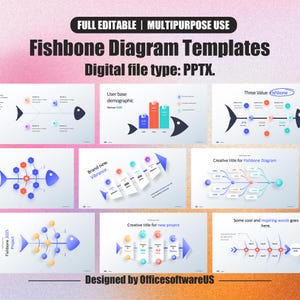 May include: A digital PPTX file featuring multiple fishbone diagram templates. The templates include various designs with fishbone illustrations, charts, and text. The text includes "Fishbone Diagram Templates," "User base demographic," and "Designed by OfficesoftwareUS."