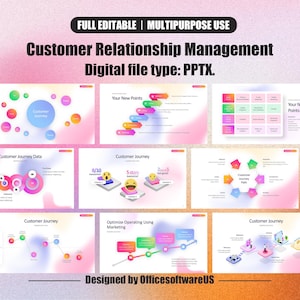 Puede incluir: Plantilla de presentación digital PPTX para la gestión de relaciones con los clientes. El diseño presenta gráficos, tablas y diagramas coloridos que ilustran los recorridos de los clientes, los datos y las estrategias de marketing. El texto incluye "Customer Journey" y "Your New Points".
