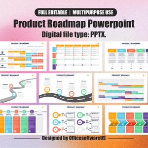 May include: A digital product roadmap PowerPoint presentation with multiple slides. The slides feature colorful charts, timelines, and diagrams for project planning and milestone tracking. Text includes "Product Roadmap" and "Digital file type: PPTX."