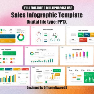 May include: A digital sales infographic template in PPTX format. The design features various charts, graphs, and data visualizations in green, blue, orange, and yellow. The template includes text elements and a world map graphic. The phrase "Sales Infographic" is prominently displayed.
