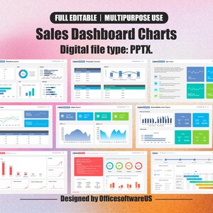 Puede incluir: Una plantilla de gráfico de panel de ventas digital con una variedad de visualizaciones de datos, incluidos gráficos de barras, gráficos de líneas y gráficos circulares. La plantilla está diseñada para uso multipropósito y es totalmente editable. El tipo de archivo es PPTX.