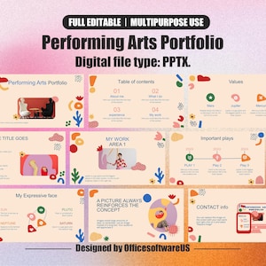 May include: A PowerPoint presentation template titled "Performing Arts Portfolio." The design features a light pink background with colorful graphics and text boxes. The template includes sections for a table of contents, work experience, and contact information. The digital file type is PPTX.