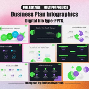 Puede incluir: Una plantilla de presentación digital con un tema de plan de negocios. El diseño presenta una variedad de diapositivas con elementos verdes, morados y blancos sobre un fondo negro. El texto incluye "Business Plan Infographics" y "Digital file type: PPTX."