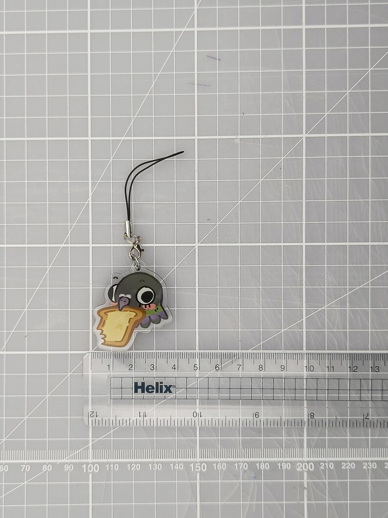 Pu&ograve; includere: Un ciondolo in acrilico trasparente con un piccione dei cartoni animati che mangia toast. Il ciondolo ha un cinturino nero e una chiusura color argento. Il piccione &egrave; grigio con collo verde e viola. Il toast &egrave; giallo e marrone.