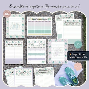 Peut inclure: Ensemble de papeterie avec un thème floral et de chaussons de danse. Comprend du papier ligné, un planificateur hebdomadaire et un programme d'entraînement. Le texte dit "Ensemble de papeterie 'Je marche pour la vie'" et "Téléchargement instantané".